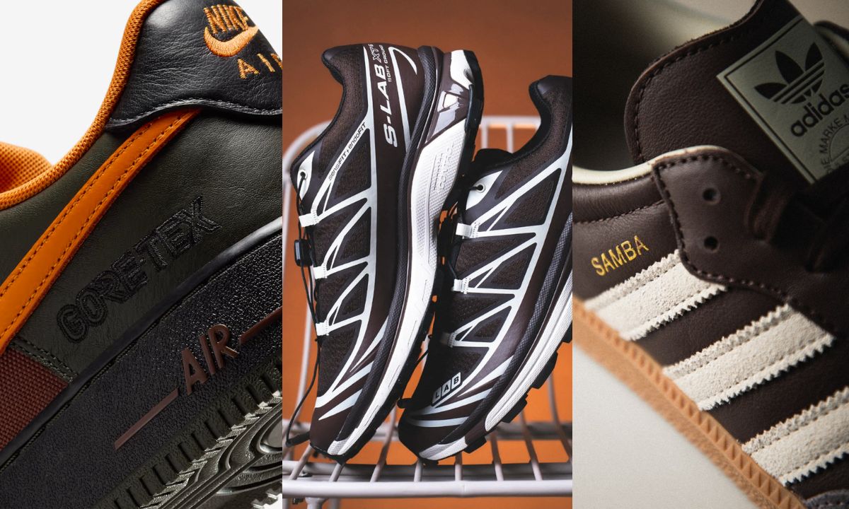 Braune Herbst Sneaker Salomon XT-6 Black Coffee L47866100 Nike Air Force 1 Gore-Tex GTX CK2630-201 Heel Detail Adidas Samba OG Fox Brown JR0892 Titel