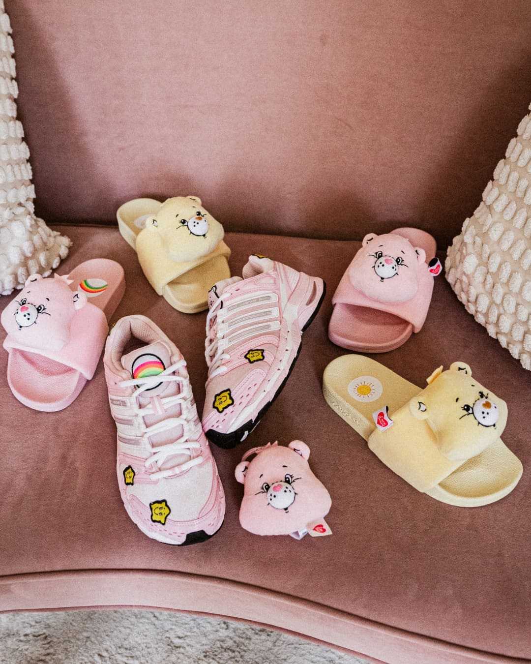 Care Bears x Adidas Collection on Sofa Adilette KH9957 KH9956 Adistar Control 5 KK2605