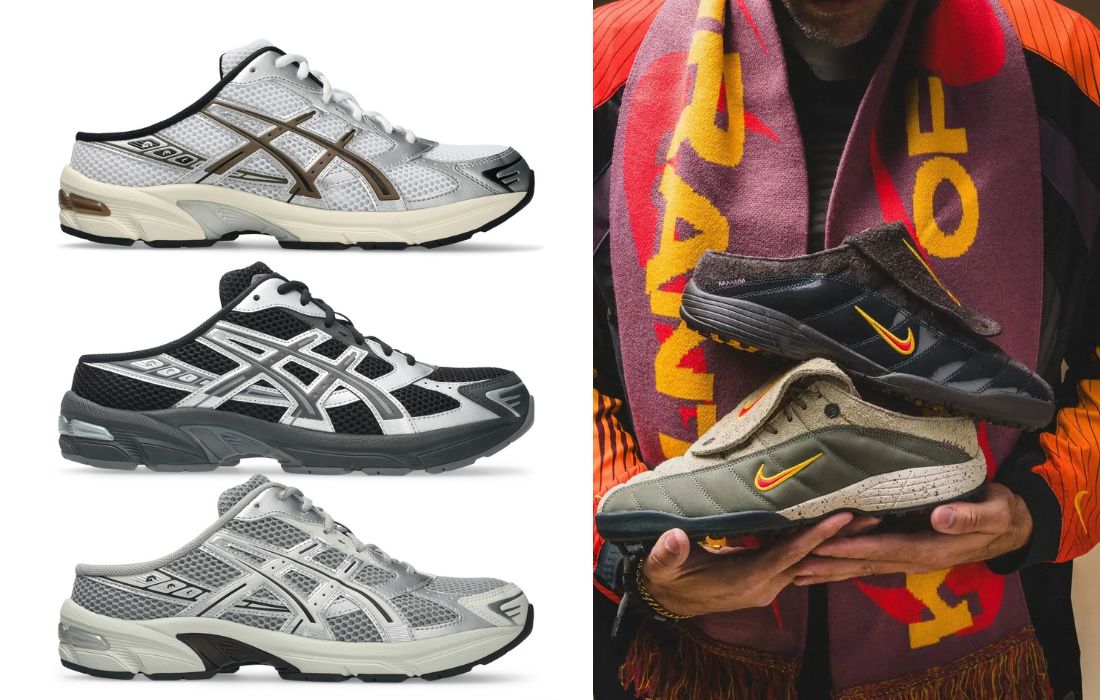 Sneaker Mules Asics Gel-1130 Mule Lateral Kids of Immigrants x Nike Total 90 Mule Pack in Hands