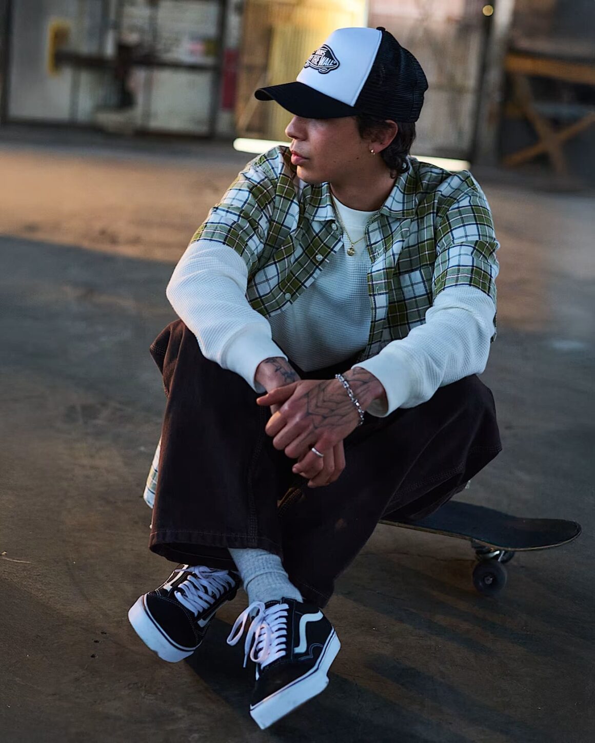 Vans Old Skool Black White VN000D3HY281 on Feet Skater Outfit