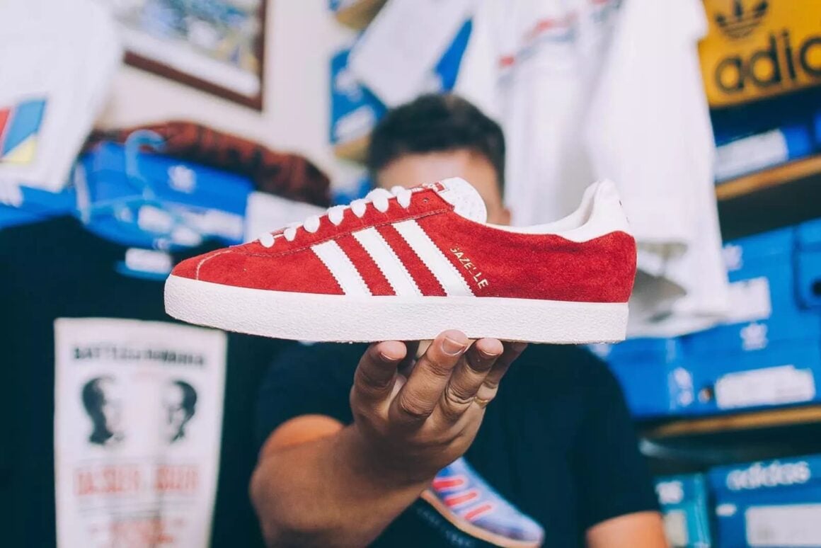 adidas Gazelle red in Hands Trefoil Collection